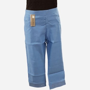 Capri pants in blue with stones along hemline
