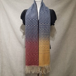 Full view of Colorful tasseled warm scarf