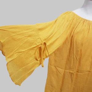 Detailed view of flare cut, three quarter sleeve