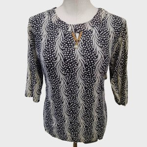 Blue and grey round neckline casual top with three quarter length sleeves