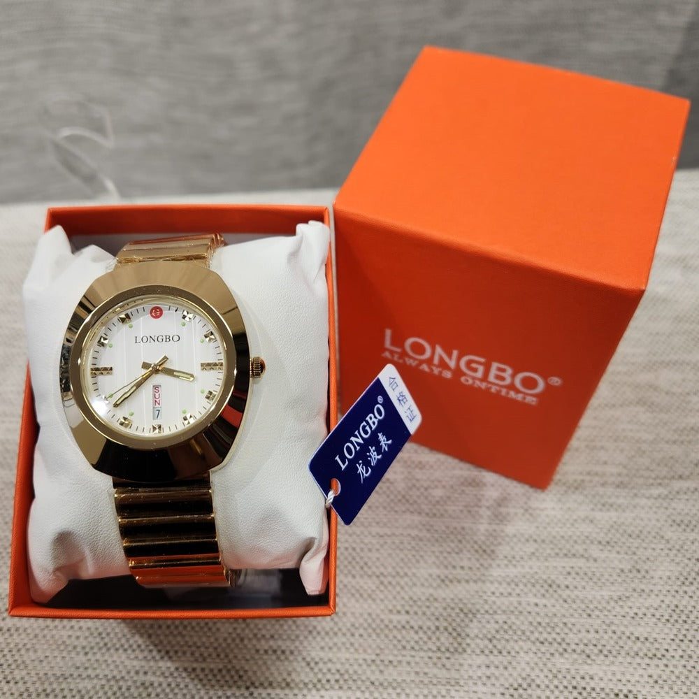 Gold frame wristwatch for men with square face and rounded edges