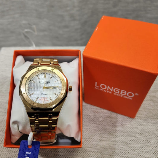 Octa face gold wristwatch for men with white inner dial