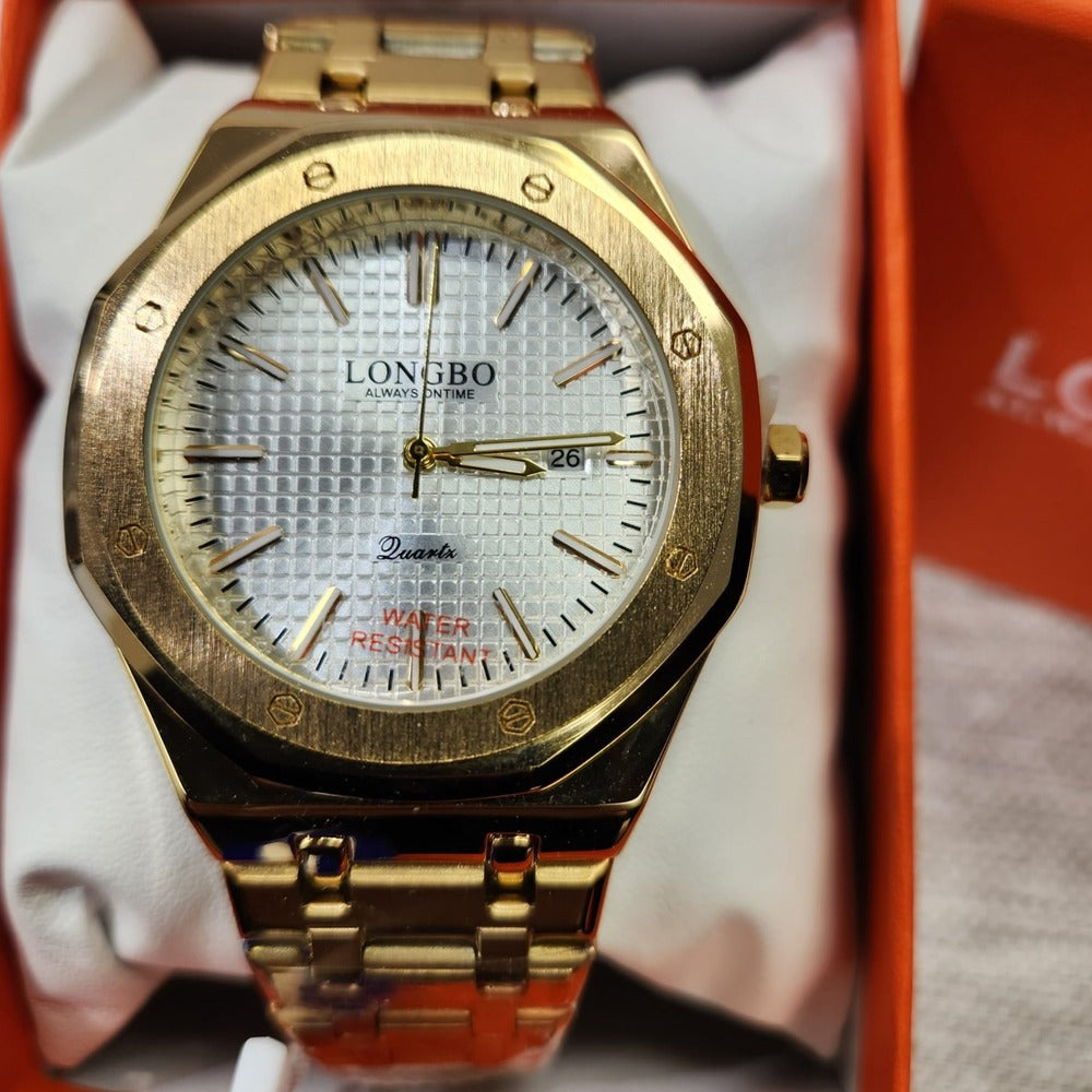 Detailed view of Octa face gold wristwatch for men with white inner dial