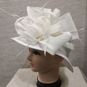 Side view of formal dress hat in white with mid size rim