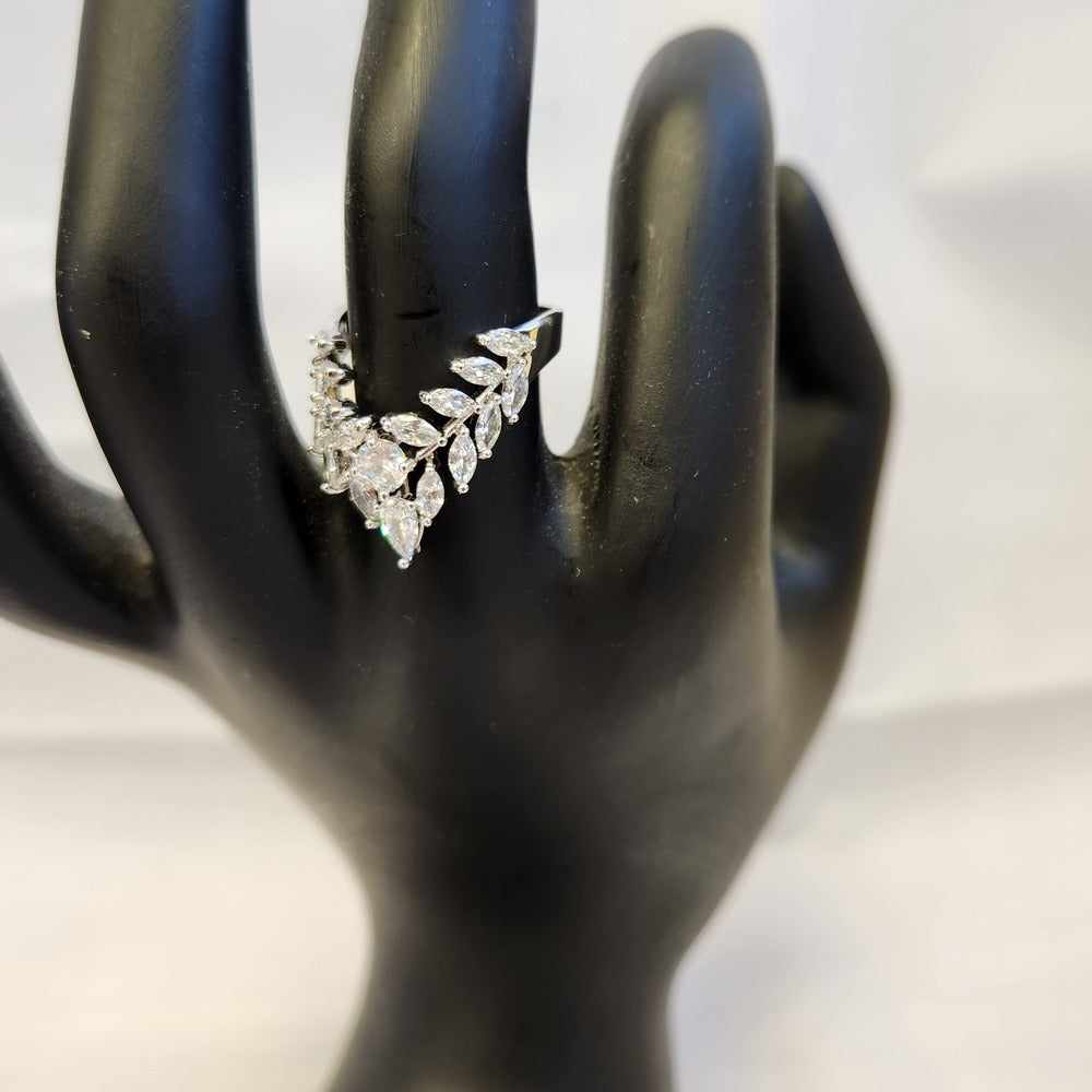 Detailed view of Elegant Vee shaped ring adorned with clear stones