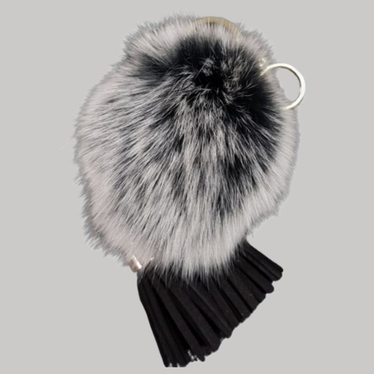 Purse charm with grey black pom pom