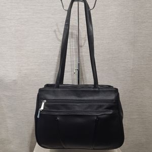 Handbag with multiple zipper compartments in black