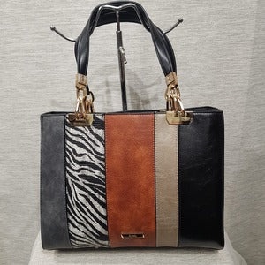 Fashion handbag with colorful panels and black wallet