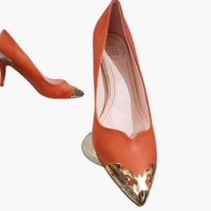 Orange colored pumps with metallic toe