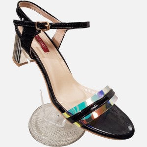 Black fancy shoes with gold block heels