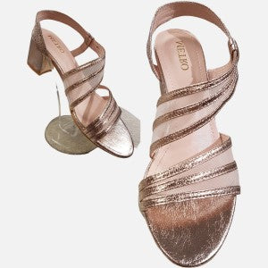 Open toe block heels in rose gold color