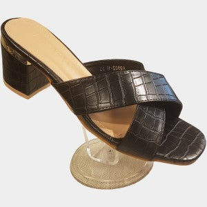 Open toe black slip on heels