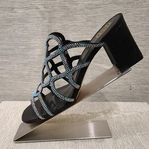 Side view of Black open toe party heels with AB stones
