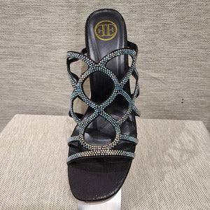 Front view of Black open toe party heels with AB stones