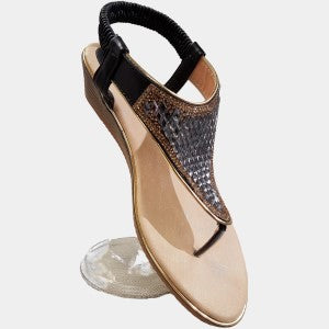 Platform heel black summer sandals with sling back adorned with stones