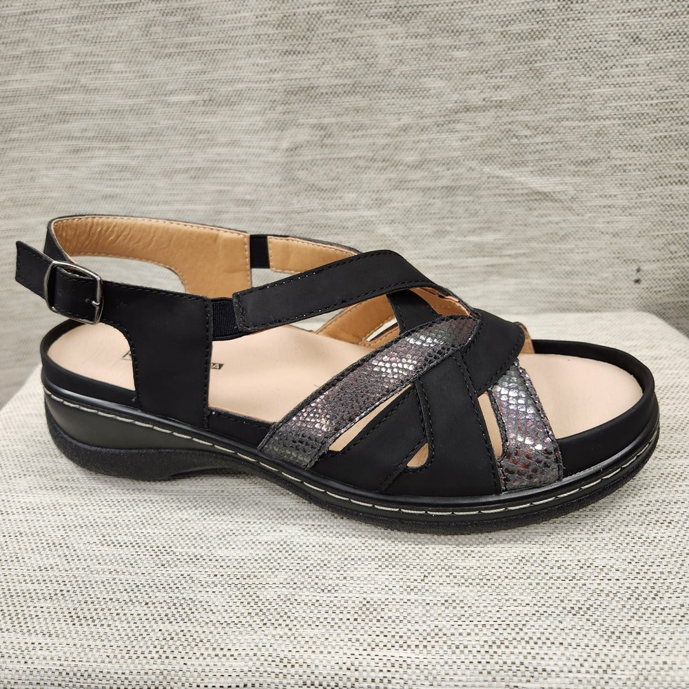 Another side view of Orthopedic summer sandal with black and grey straps