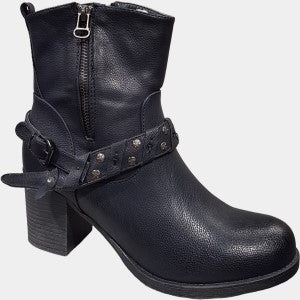 Dual zipper design ankle shoes in black with block heels