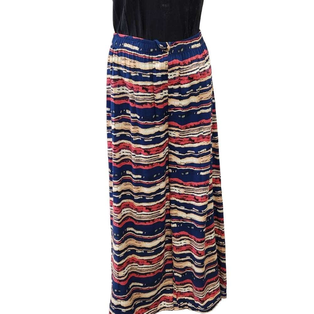 Front view of culottes with blue background and horizontal stripes