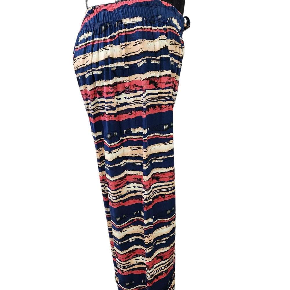 Side view of culottes with blue background and horizontal stripes
