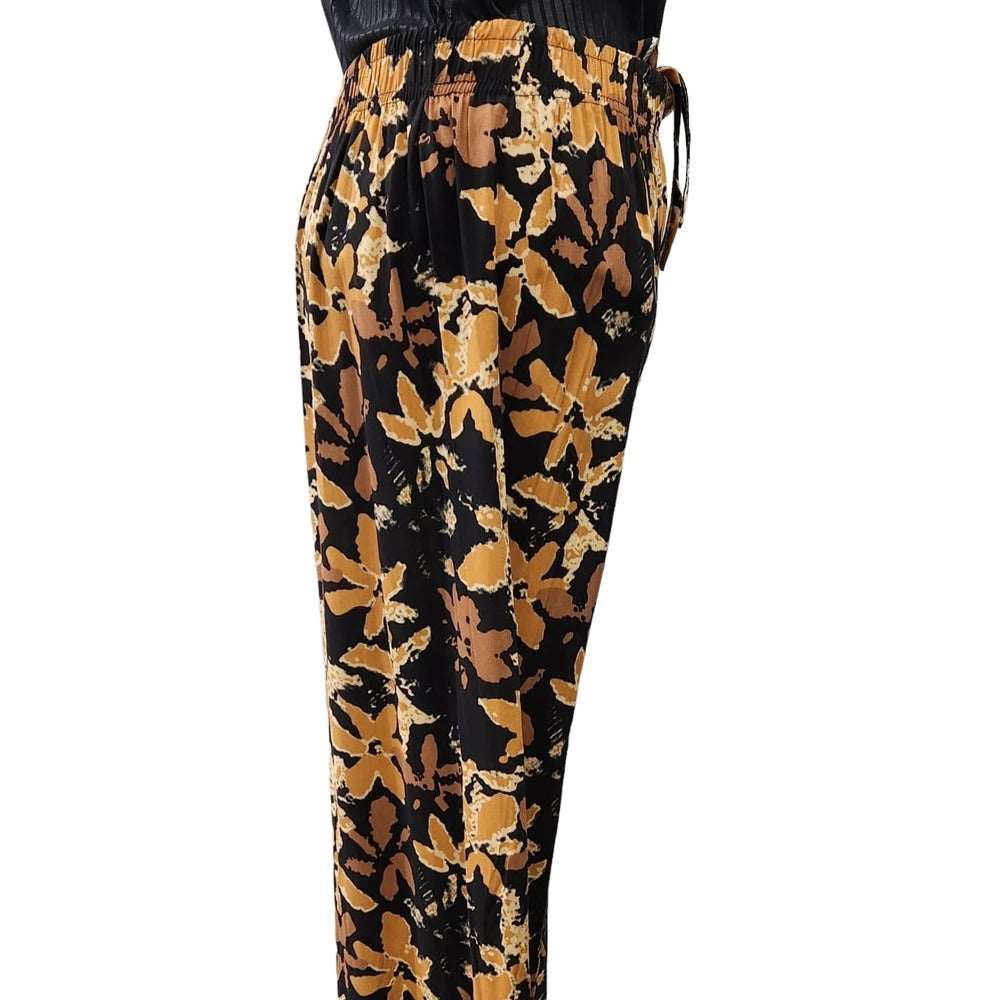 Side view of culottes with black background and floral print