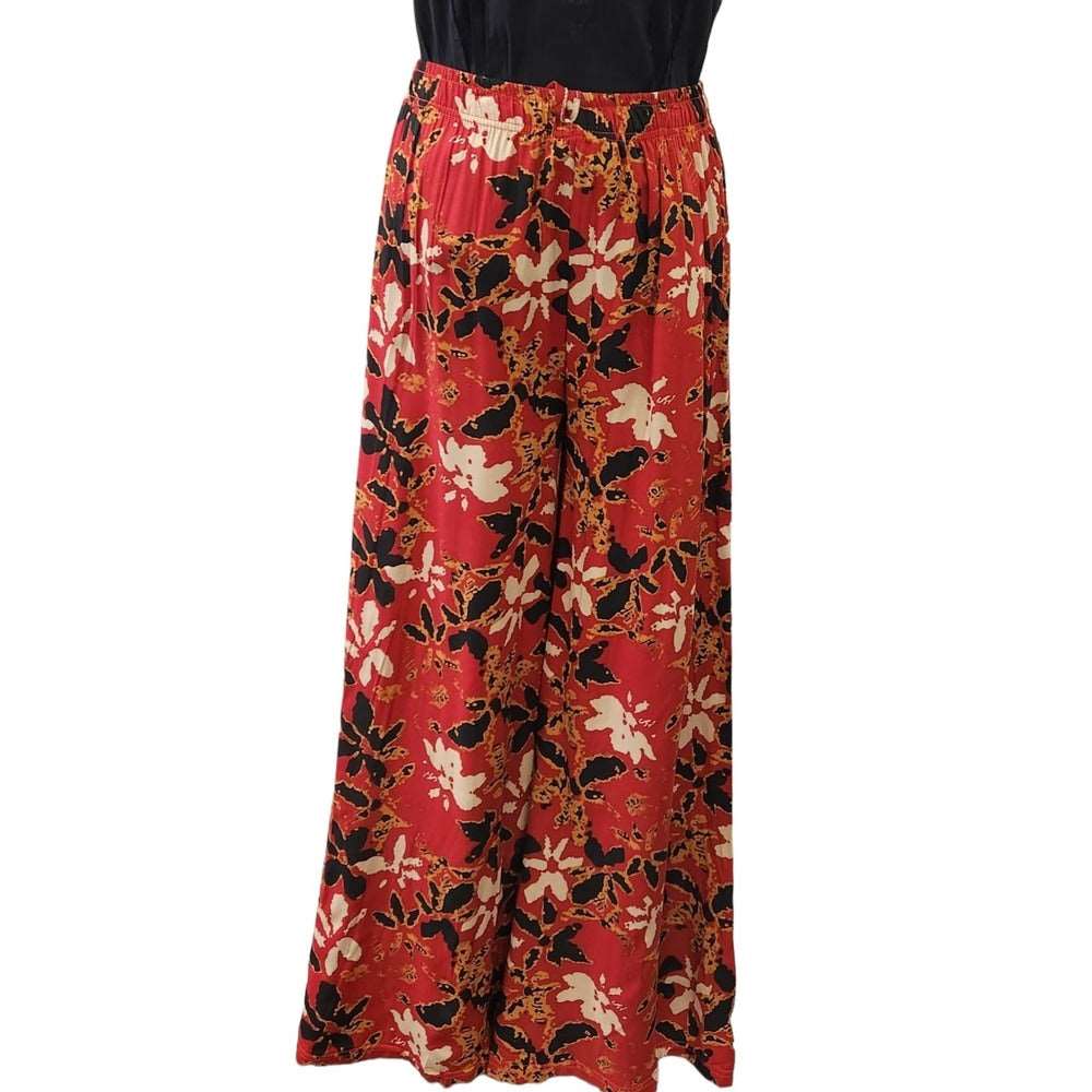 Front view of culottes with red background and floral print