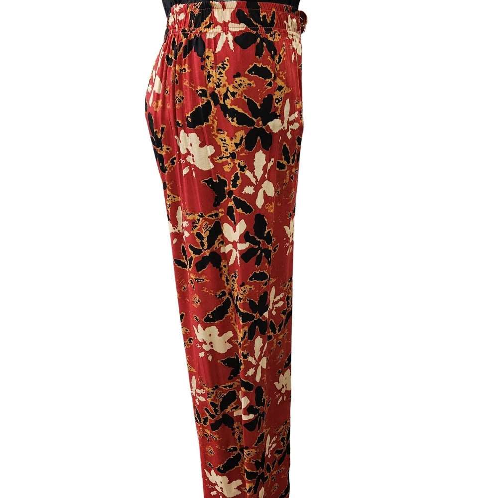 Side view of culottes with red background and floral print