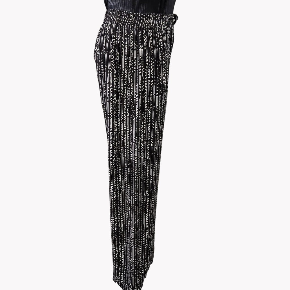 Side view of culottes with black background and white stripped print