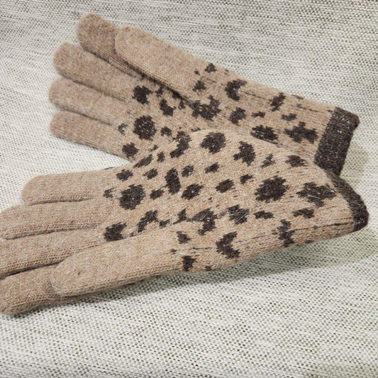 Beige gloves with pattern woven in dark brown