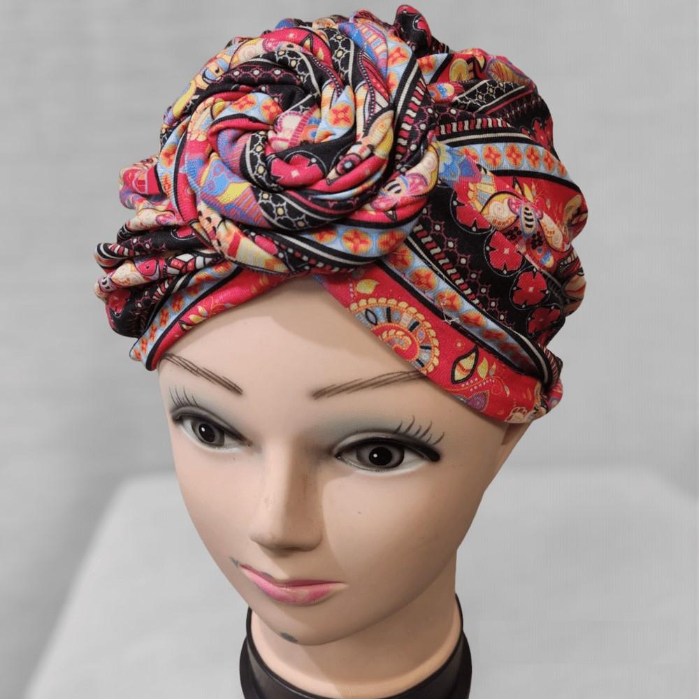 Pink & Black- Colorful printed flower knot headwrap