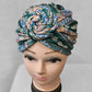 Green & Beige - Colorful printed flower knot headwrap