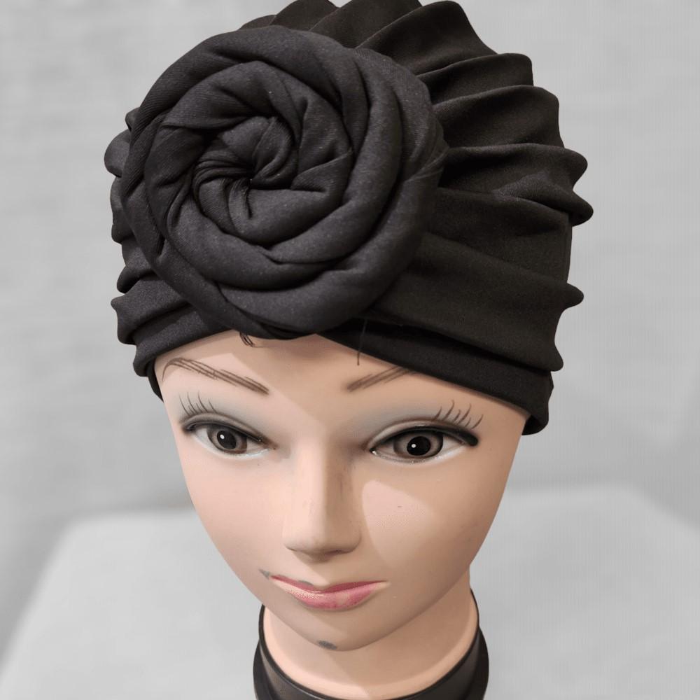 Black -Pre-tied headwrap with flower knot