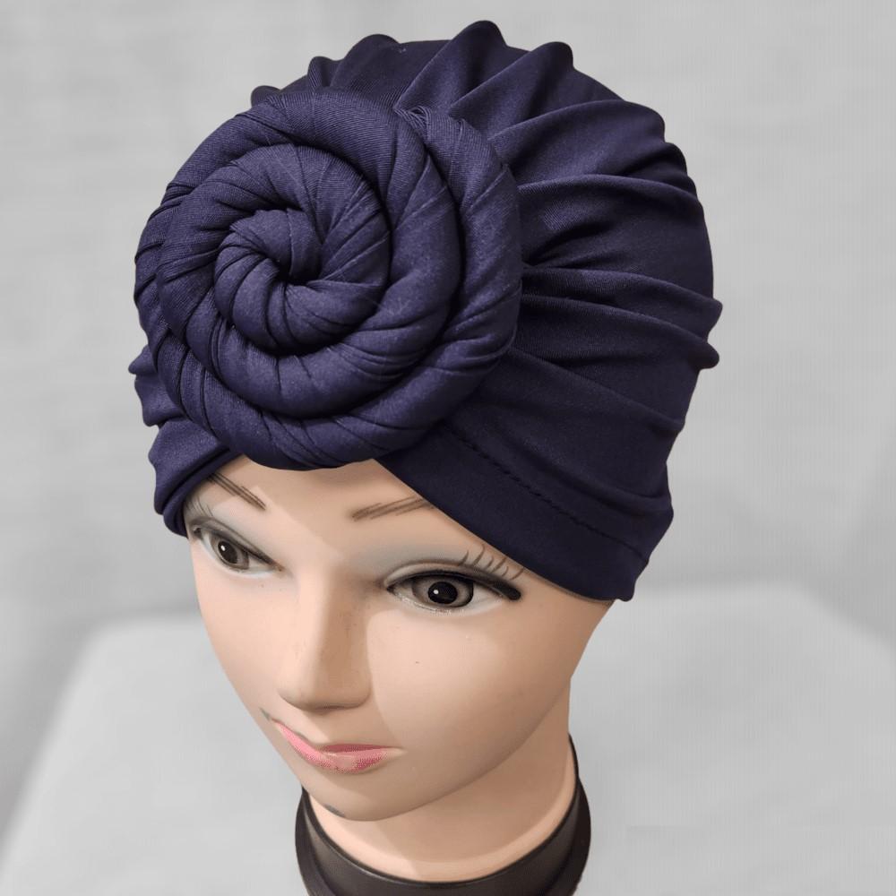 Dark blue-Pre-tied headwrap with flower knot