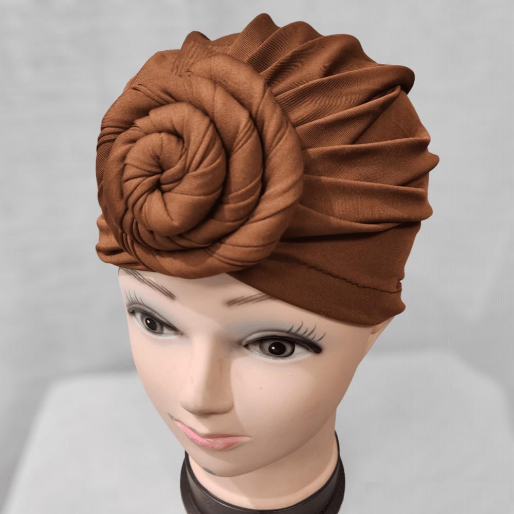 Brown -Pre-tied headwrap with flower knot