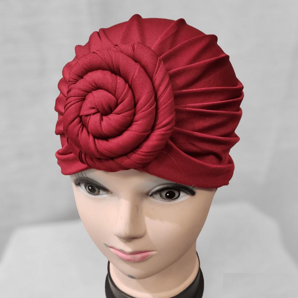 Red-Pre-tied headwrap with flower knot