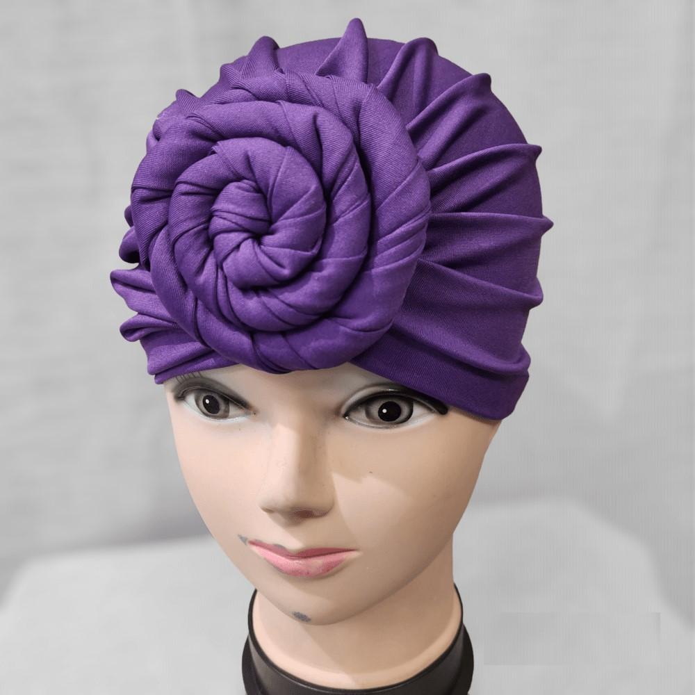 Purple-Pre-tied headwrap with flower knot