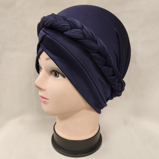 Side view of navy blue pre-tied headwrap