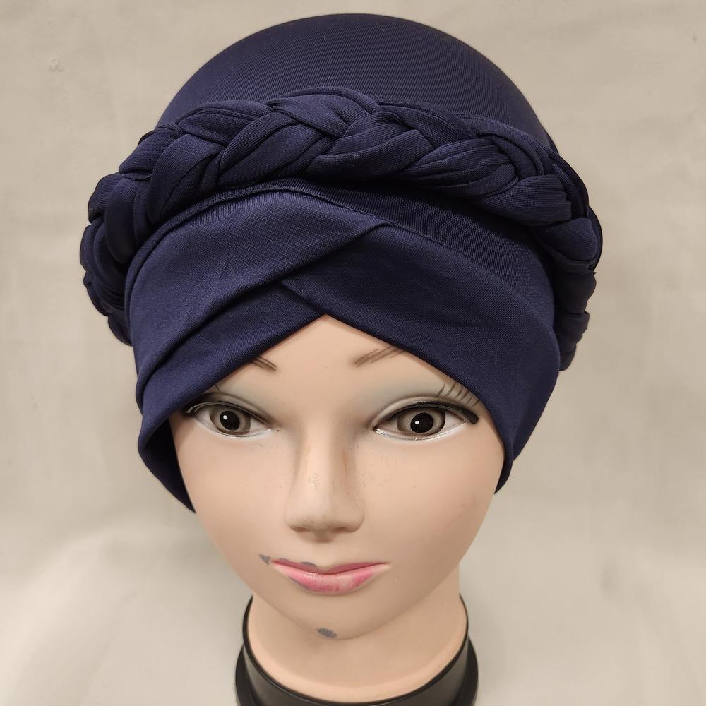 Front view of navy blue pre-tied headwrap