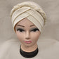 Front view of cream colored pre-tied headwrap