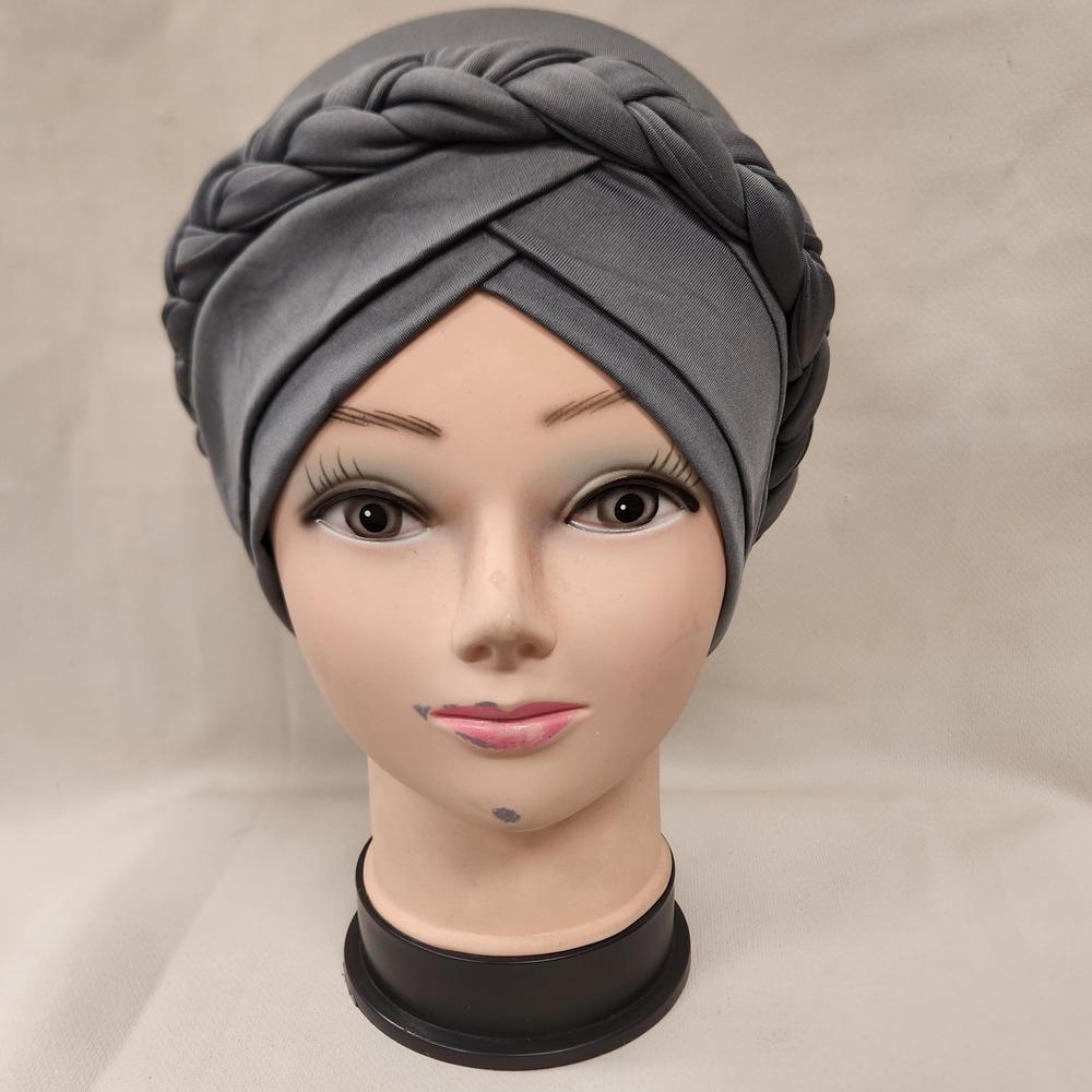 Front view of grey colored pre-tied headwrap
