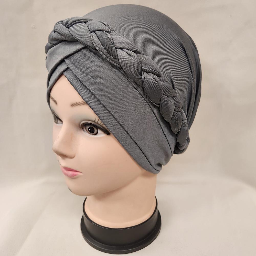 Side view of grey colored pre-tied headwrap