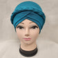 Front view of turquoise pre-tied headwrap