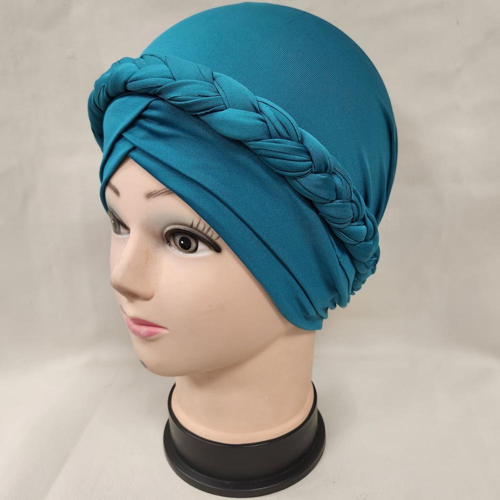 Side view of turquoise pre-tied headwrap