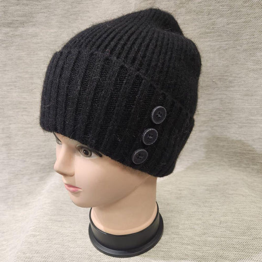 Winter beanie in black with button embellishment on the side