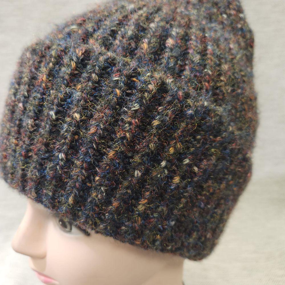 Detailed view of Winter beanie in multi shade yarn