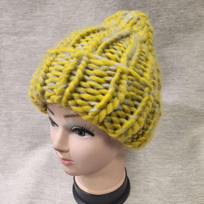 Winter beanie in yellow and grey multicolored yarn