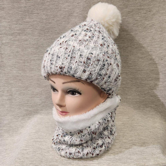 Winter beanie with white pom pom and infinity scarf