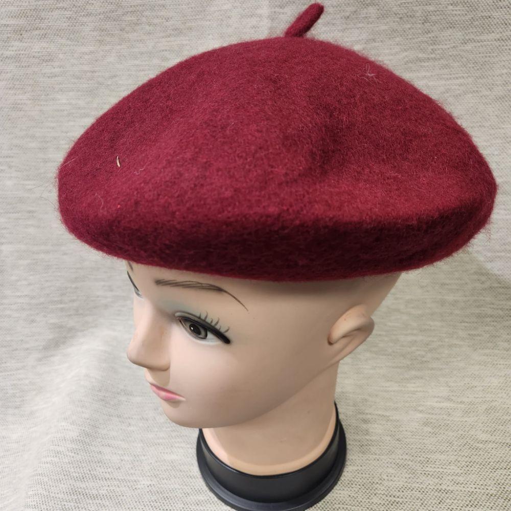 Another view of French beret cap in burgundy