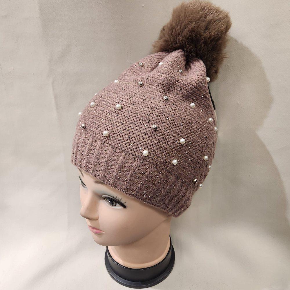 Taupe winter beanie with pom pom and pearl embellishment