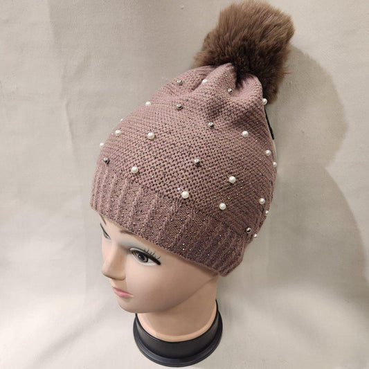 Taupe winter beanie with pom pom and pearl embellishment
