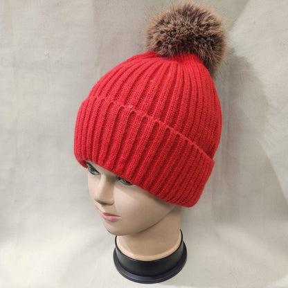 Red color rib knit winter beanie with pom pom